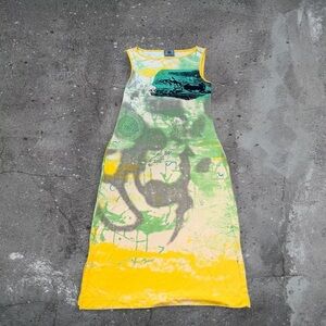 Vintage Silk Maxi Dress Cyber Y2K Matrix Futuristic Avant Garde Graphic